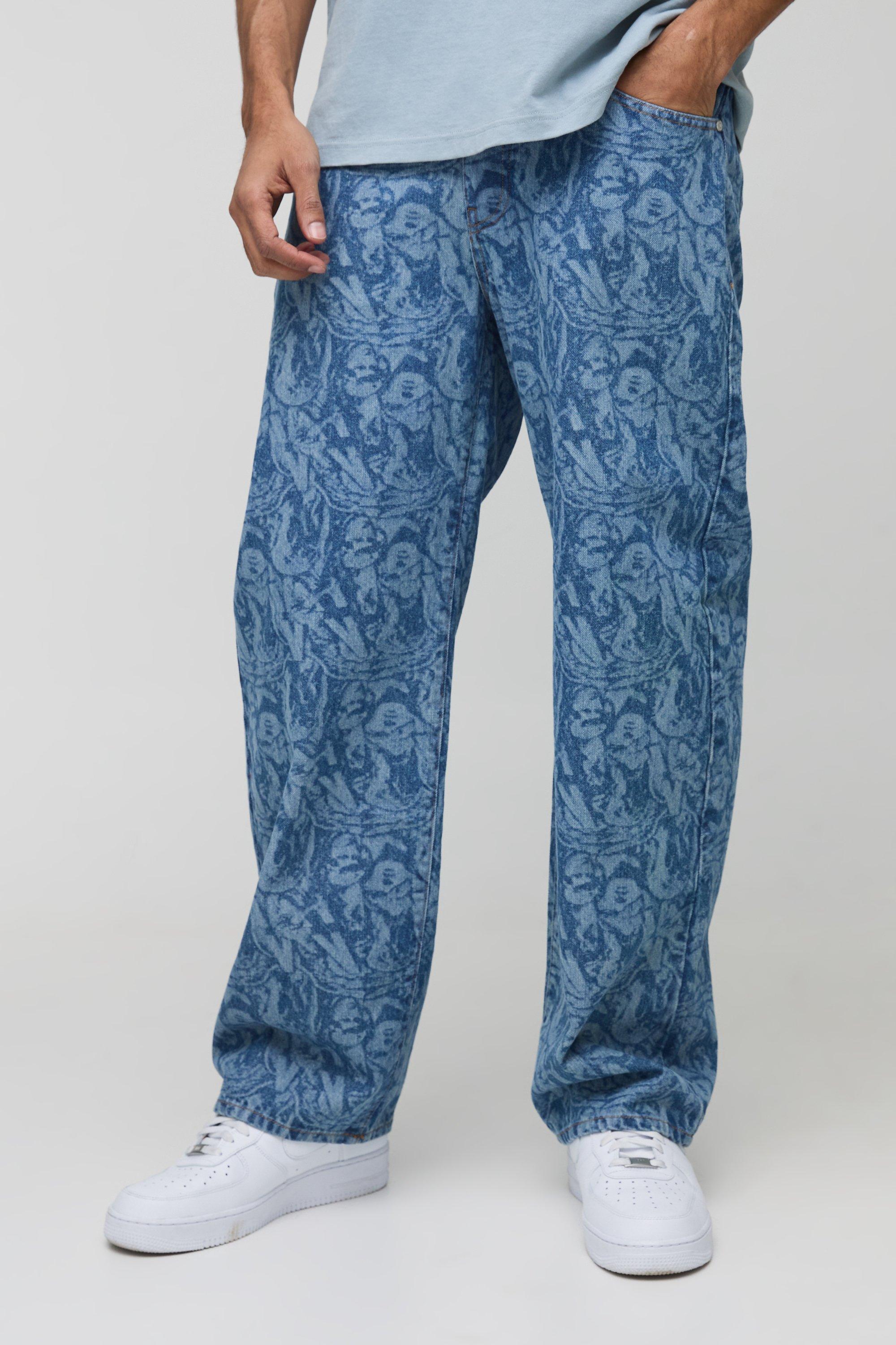 Mens Blue Relaxed Rigid Laser Printed Denim Jeans, Blue